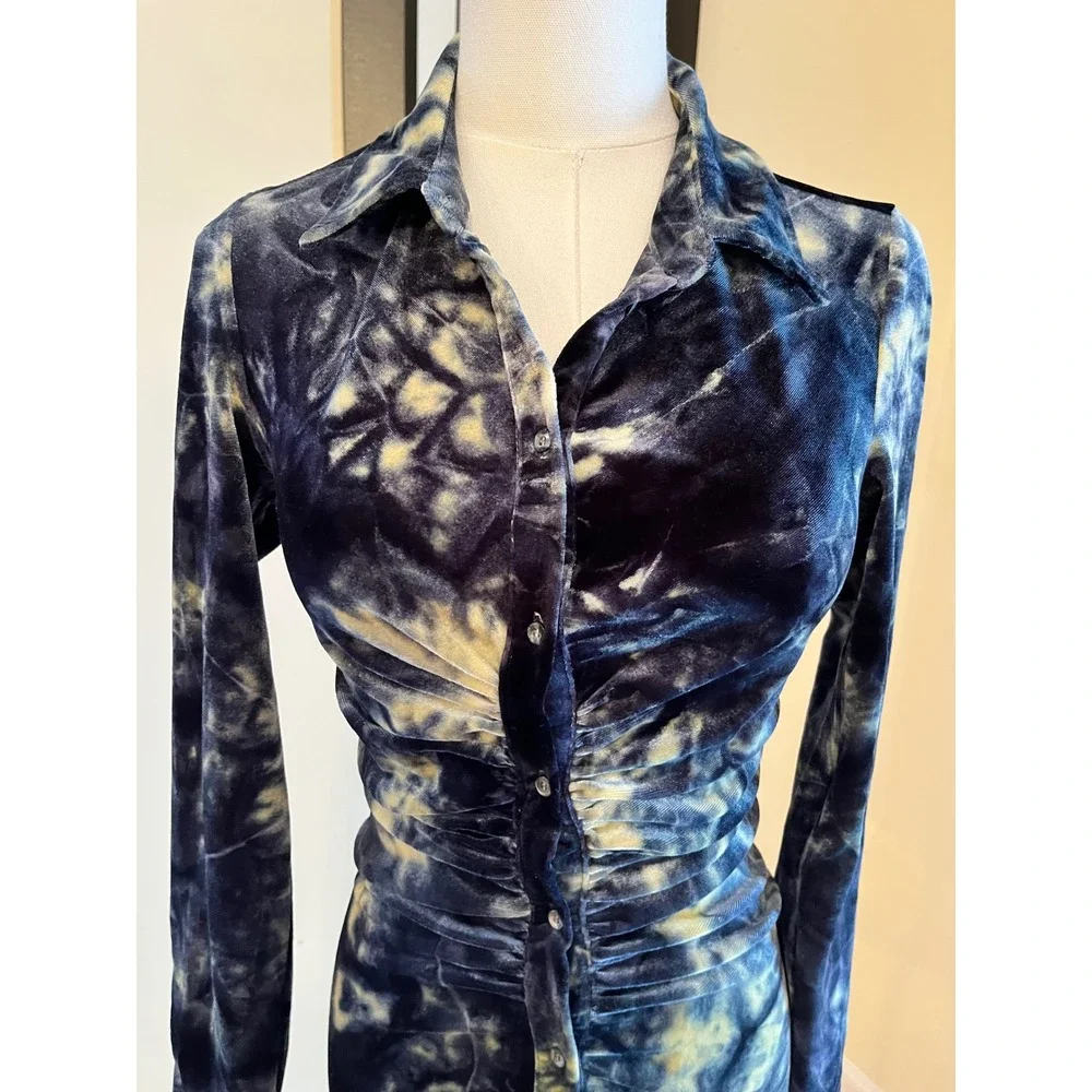 NWT Jaded London Velvet Tie Dye Ruched Shirt Dress Long Sleeve Mini, Size 4